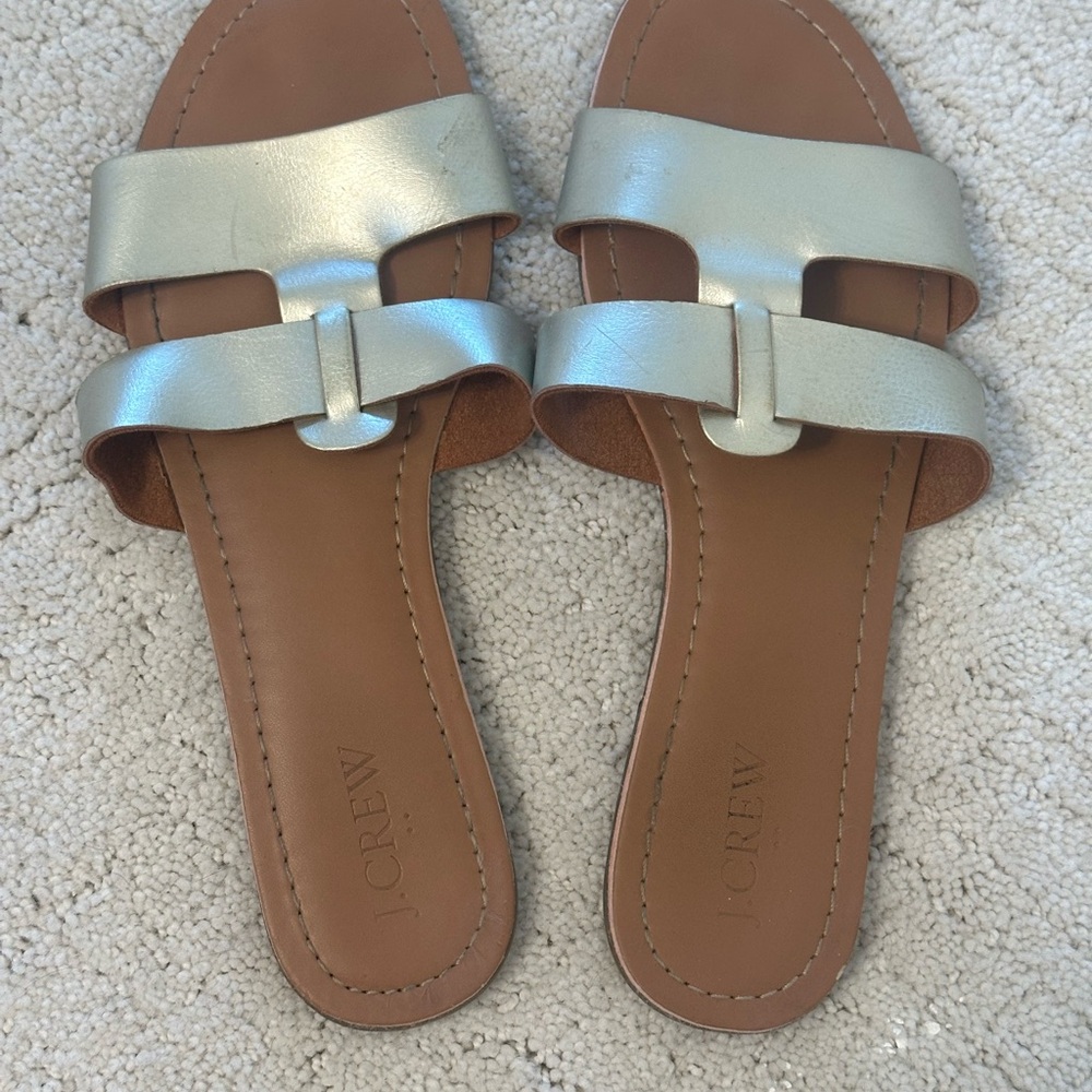 J. Crew Silver and Tan Sandals with H-Shaped Hardware